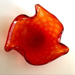 Vintage MCM Murano Art Glass Orange Red Bubble Bullicante Curve Freeform Ashtray